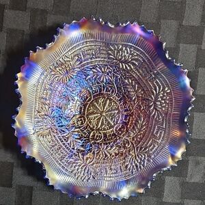 Northwood 'Embroidered Mums' Electric Cobalt Blue Iridescant Carnival Glass Bowl